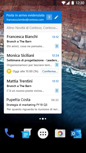 Widget della posta elettronica di Android nella modalità stretta