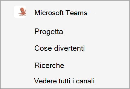 Un team chiamato Microsoft Teams ha canali per progettazione, cose divertenti e ricerche. Altri canali sono nascosti.