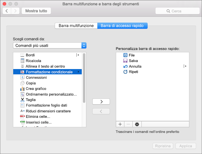 Personalizza barra di accesso rapido in Office 2016 per Mac