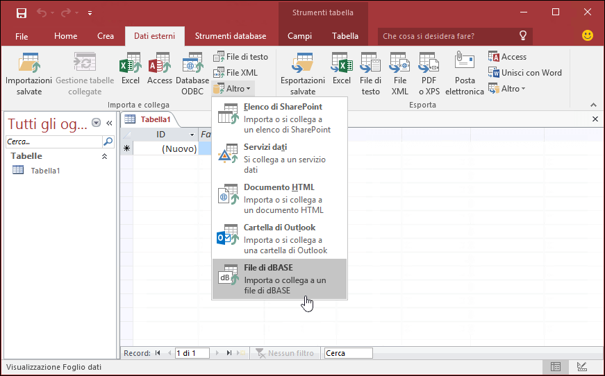 Screenshot di Access con l'opzione File dBASE selezionata nella scheda Dati esterni della barra multifunzione