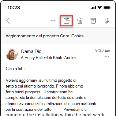 Icona Riepiloga di Copilot per riassumere il thread di messaggi di posta elettronica in iOS e Android.