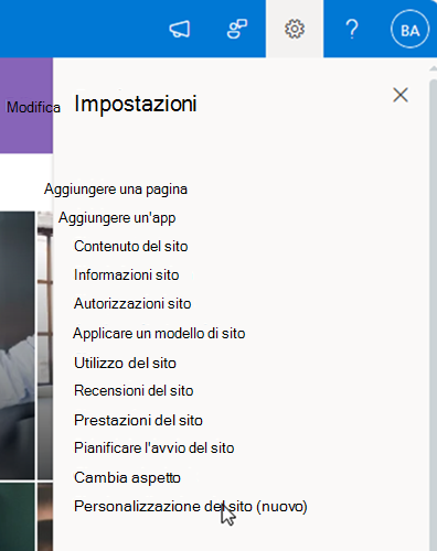 screenshot della voce di personalizzazione del sito