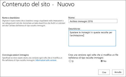 Inserire il nome, la descrizione e il controllo delle versioni facoltativo