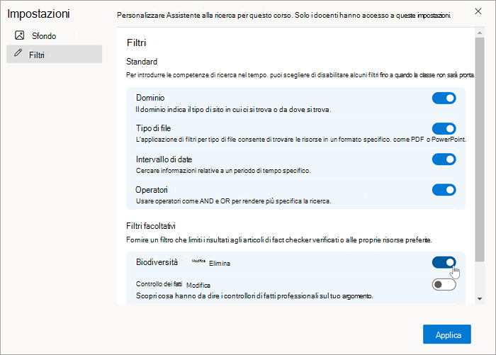 Screenshot di un filtro personalizzato come compare nell'impostazione "filtri" dopo la creazione. può essere attivato e disattivato