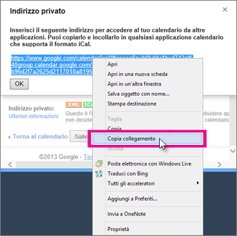 Google Calendar - copia del collegamento privato