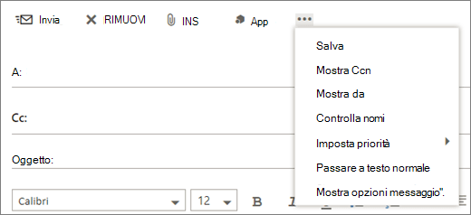 Uno screenshot mostra le opzioni disponibili nel comando altro nella barra degli strumenti messaggio.