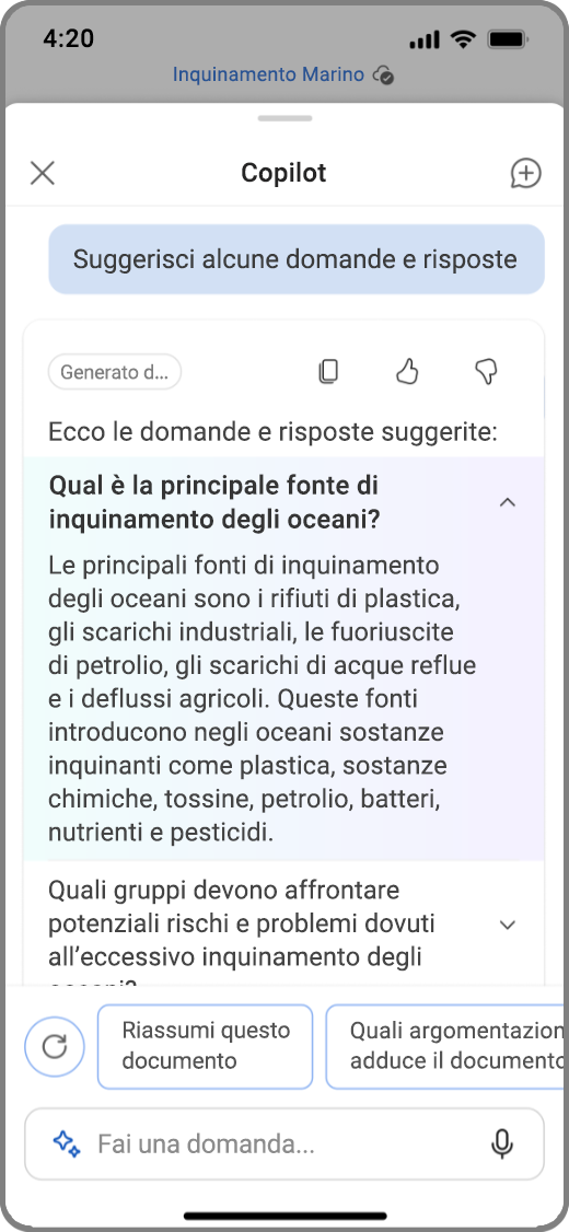 Screenshot di Copilot in Word nel dispositivo iOS con i risultati delle domande e risposte suggerite da Copilot