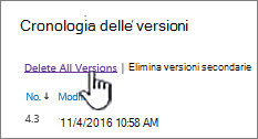 Finestra di dialogo Versione con opzione Elimina tutte le versioni evidenziata