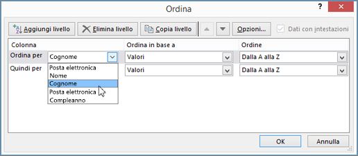 In Colonna fare clic su Ordina per e scegliere un'opzione
