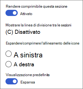 Screenshot delle opzioni per le sezioni comprimibili nella casella degli strumenti Sezione.