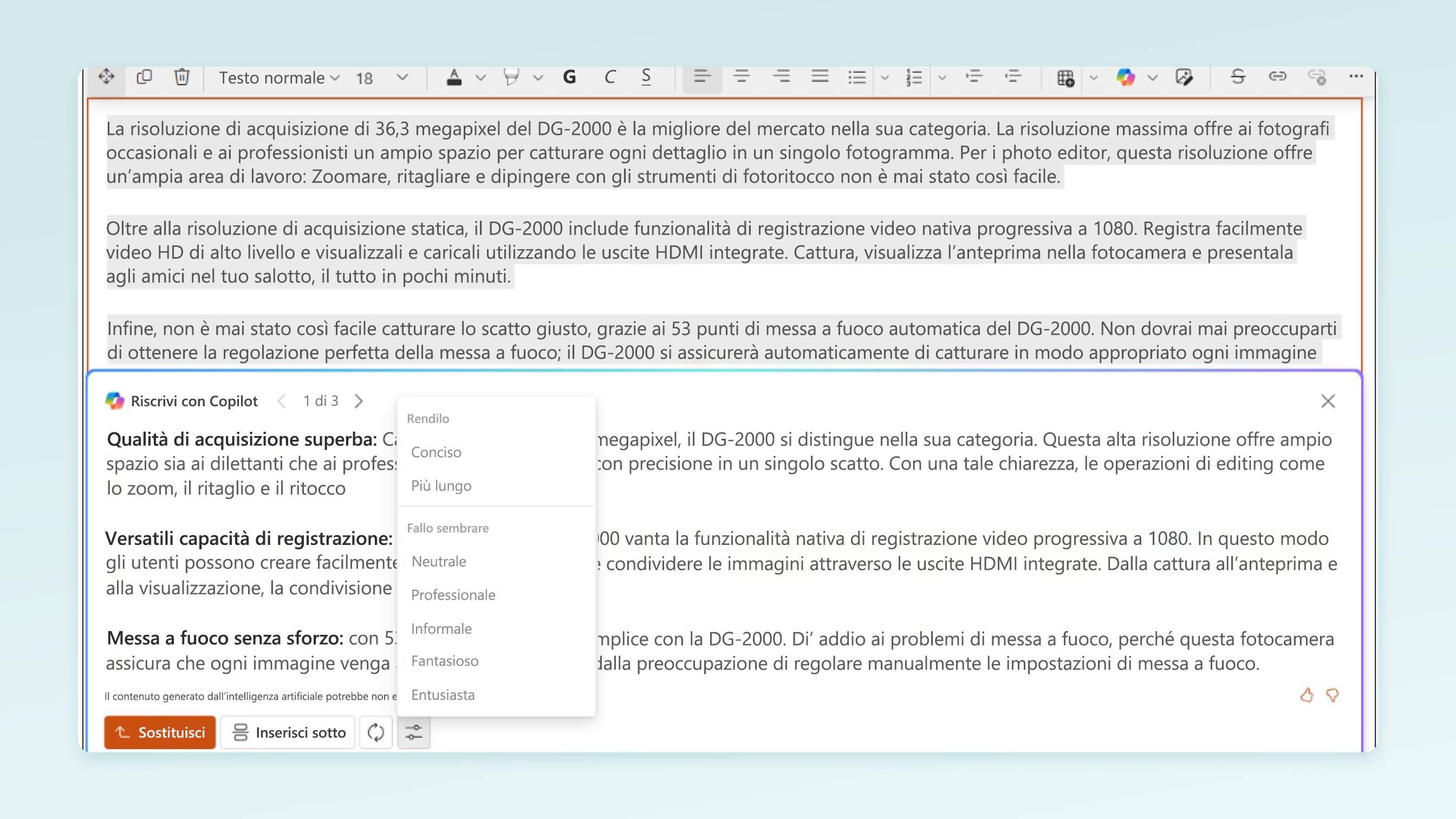 Screenshot Per la pagina di destinazione scrivi con Copilot nell'editor RTF di SharePoint