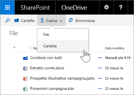 Screenshot che mostra il caricamento di una cartella in OneDrive for Business in SharePoint Server 2016 con Feature Pack 1