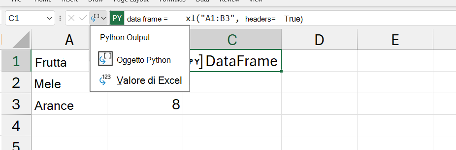 Menu di output python aperto in Excel.