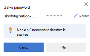 Richiesta in Microsoft Edge di salvare la password di un sito Web per un uso successivo.