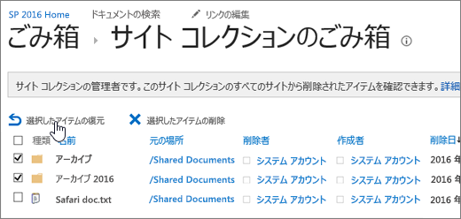 SharePoint の [復元] ボタンが強調表示された第 2 段階のごみ箱