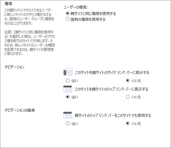 [サイトの作成] ダイアログの下半分