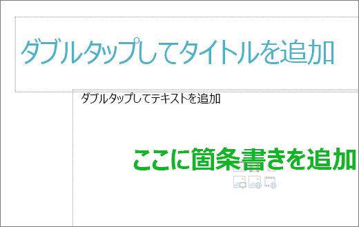 行頭文字が機能する場所を示す空のタイトル ボックスと空のテキスト ボックスの画像。