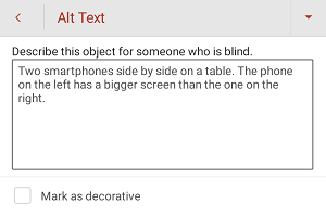 PowerPoint for Android の [代替テキスト] ダイアログ ボックス。