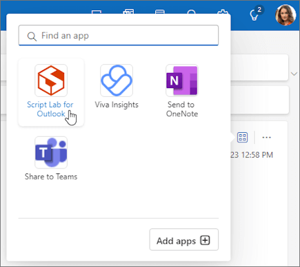 Outlook on the webおよび新しい Outlook for Windows で読み取られるメッセージの [アプリ] ポップアップ メニュー。
