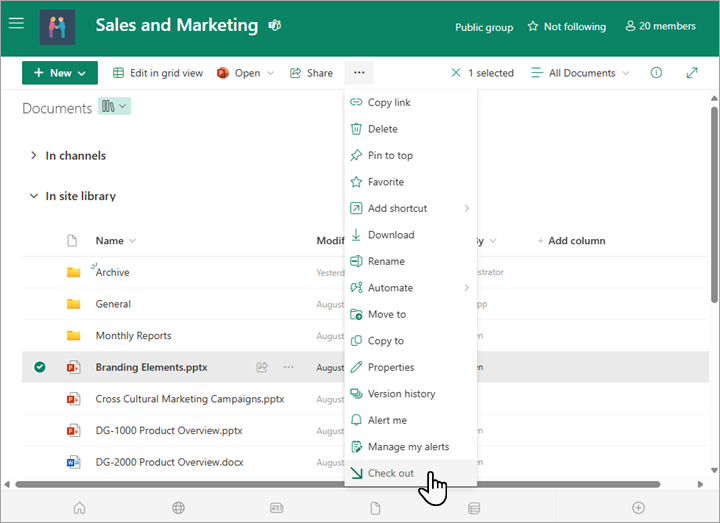 ドキュメント一覧の上にある [その他] メニューから [チェックアウト] オプションを選択します。