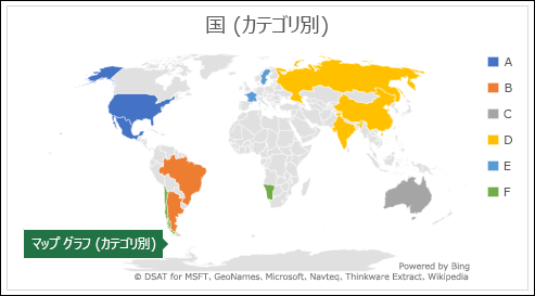 Excel別の国を含むカテゴリを表示するマップ グラフ