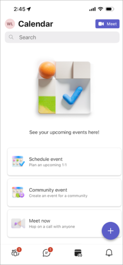 新しくデザインされた [予定表] タブから、会議、コミュニティ イベントなどを整理します。