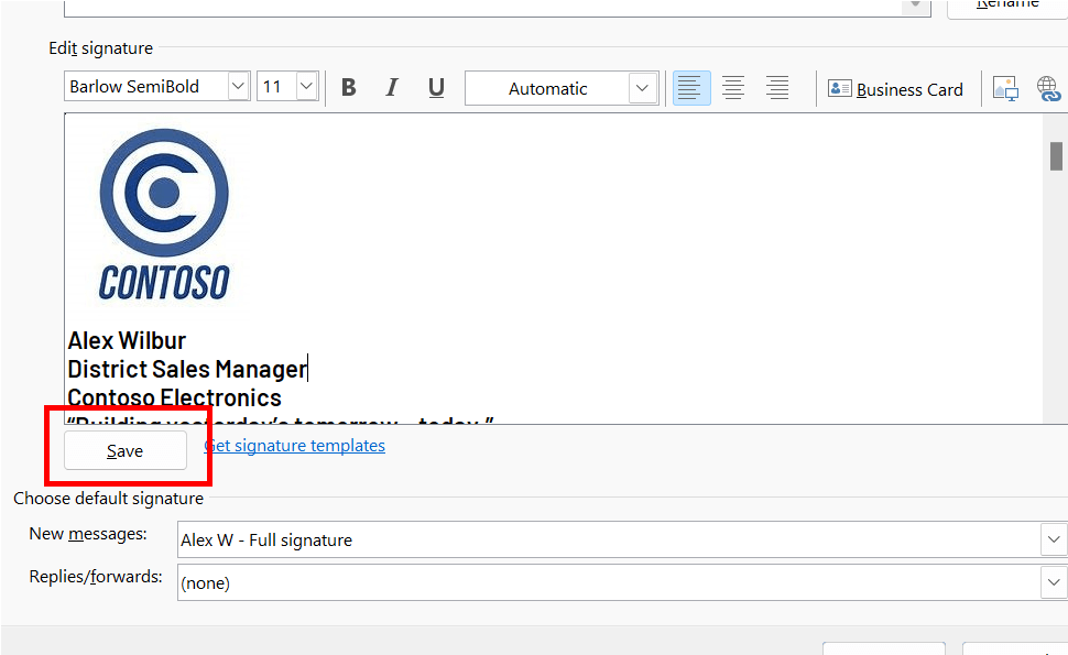 [保存] ボタンが強調表示されている Outlook の署名エディター。