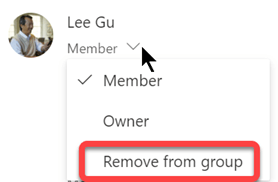 メンバーの名前の下にある [メンバー] ラベルを選択し、[グループから削除] を選択します。