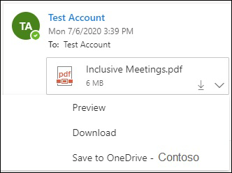 OneDrive に添付ファイルを保存するためのドロップダウン メニュー。
