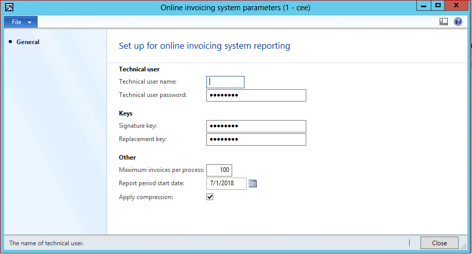 Online invoicing system parameters