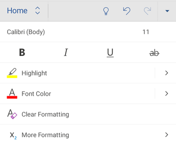 Word for Androidのフォント書式設定オプション。