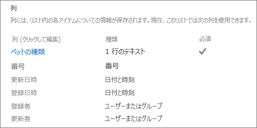 リスト設定のリスト列セクション