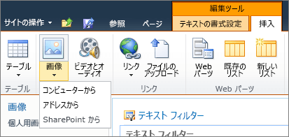 リボンの [画像] ボタンをクリックし、[コンピューター]、[アドレス]、または [SharePoint から] を選択します。