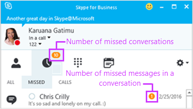 Skype for Business IM ページから不在着信メッセージにアクセスする