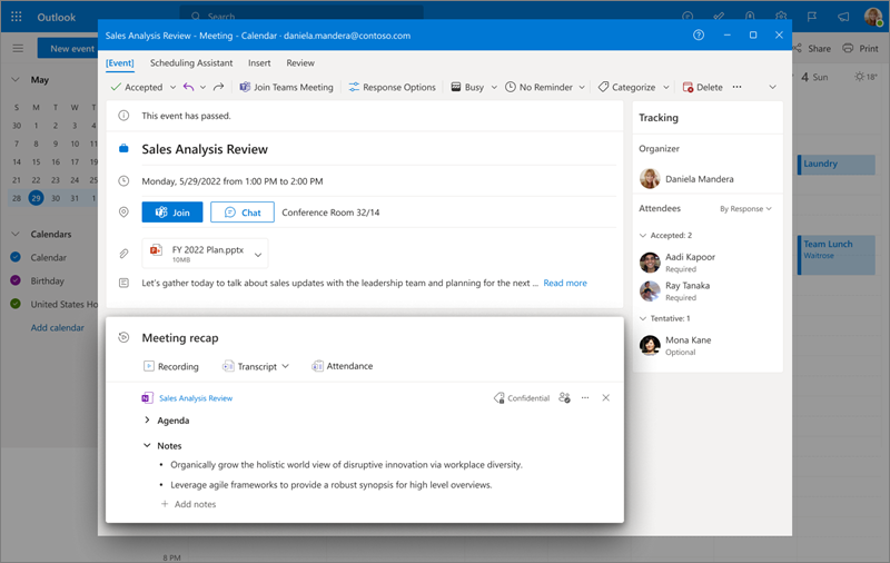 Outlook 予定表の会議の要約を示す画像