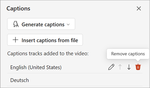 [キャプション] ウィンドウのキャプション トラックの [キャプションの削除] ボタン。