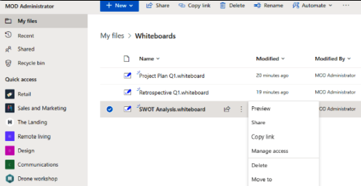 ホワイトボード ファイルは、OneDrive for Businessの Whiteboard フォルダーに保存されます。