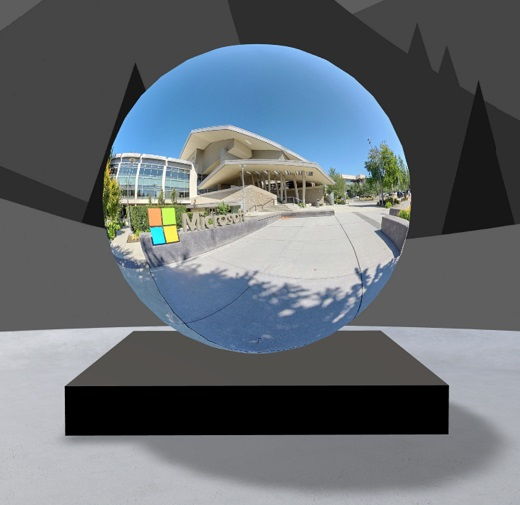 Microsoft 訪問者センターの画像が表示された 360° ツアー Web パーツ