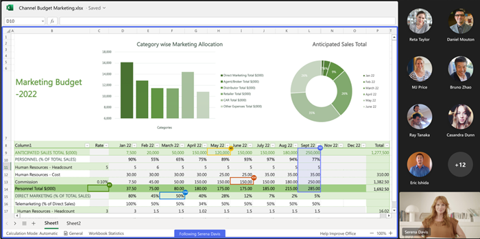 Teams での Excel Live セッション中の参加者 (ビューアー) 画面のスクリーンショット。