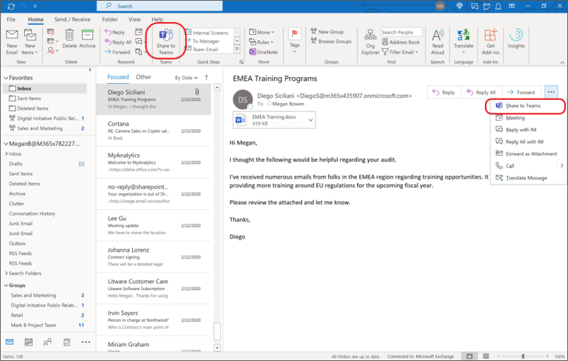 Outlook から Microsoft Teams にメールを共有する Microsoft サポート