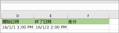 開始日: 1/1/16 1:00 PM;終了日: 1/2/16 2:00 PM