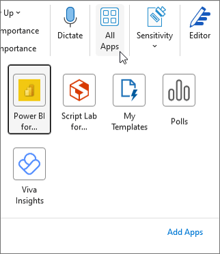 Outlook for Windows の [すべてのアプリ] ポップアップ メニュー。
