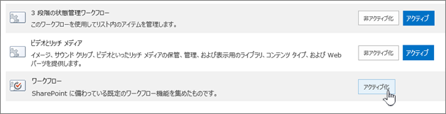 ワークフローを有効にするサイト コレクション機能