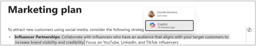 コンテンツが追加されたときなど、Copilot が生成したテキストを示すスクリーンショット