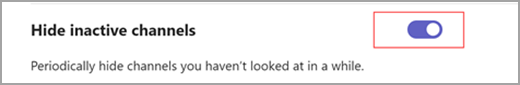 "非アクティブなチャネルを非表示にする" というテキストの横に白い内側の円がに設定されている青いトグル スイッチのスクリーンショット。