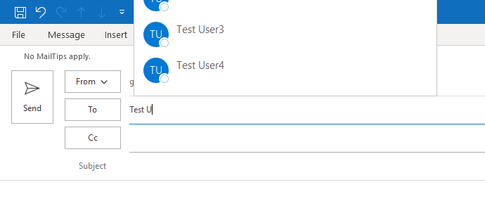 Outlook のオートコンプリートを表示している画像。 オートコンプリートは一部のみが表示されています。