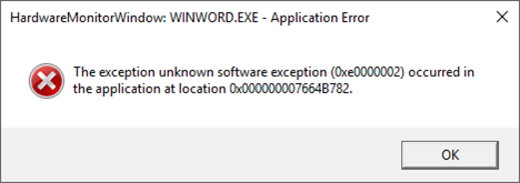 エラー: HardwareMonitorWindow:WINWORD.EXE - アプリケーション エラー