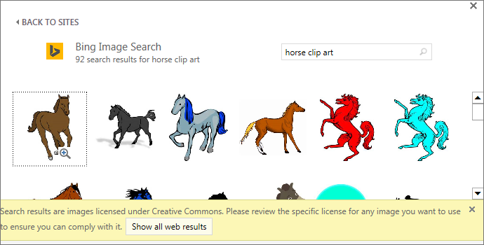 "馬のクリップ アート" で検索すると、Creative Commons ライセンス下にあるさまざまな画像が表示されます。