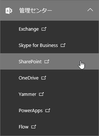 SharePoint を含む、Office 365 の管理センターの一覧。