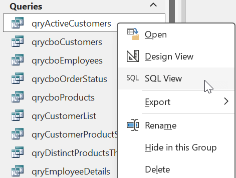 [SQL ビュー] オプションが選択されている Access データベースのクエリ オブジェクトから表示されるメニュー オプションを右クリックします